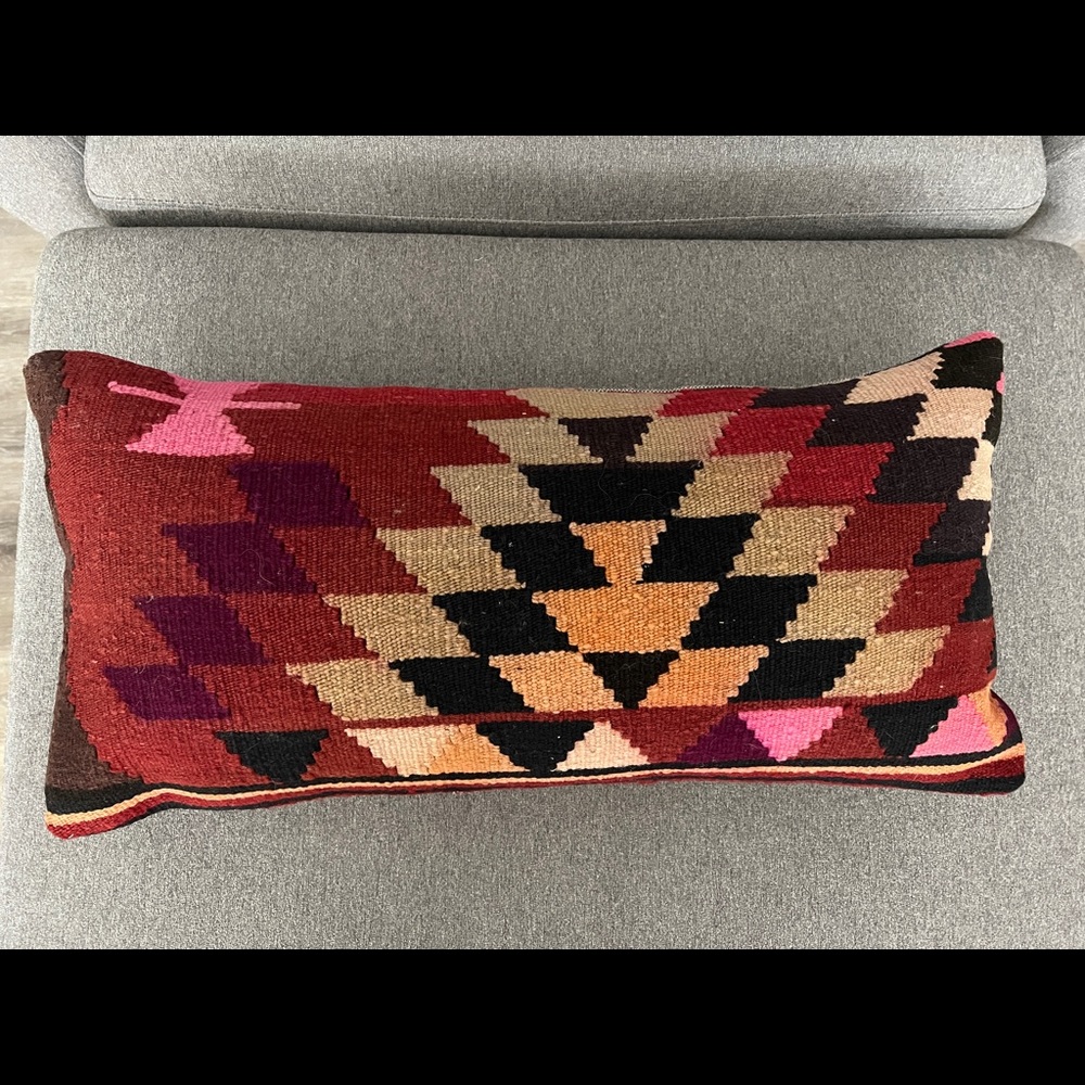 Handwoven Turkish Kilim Multicolored colorful geometric pillow. 12x24. New